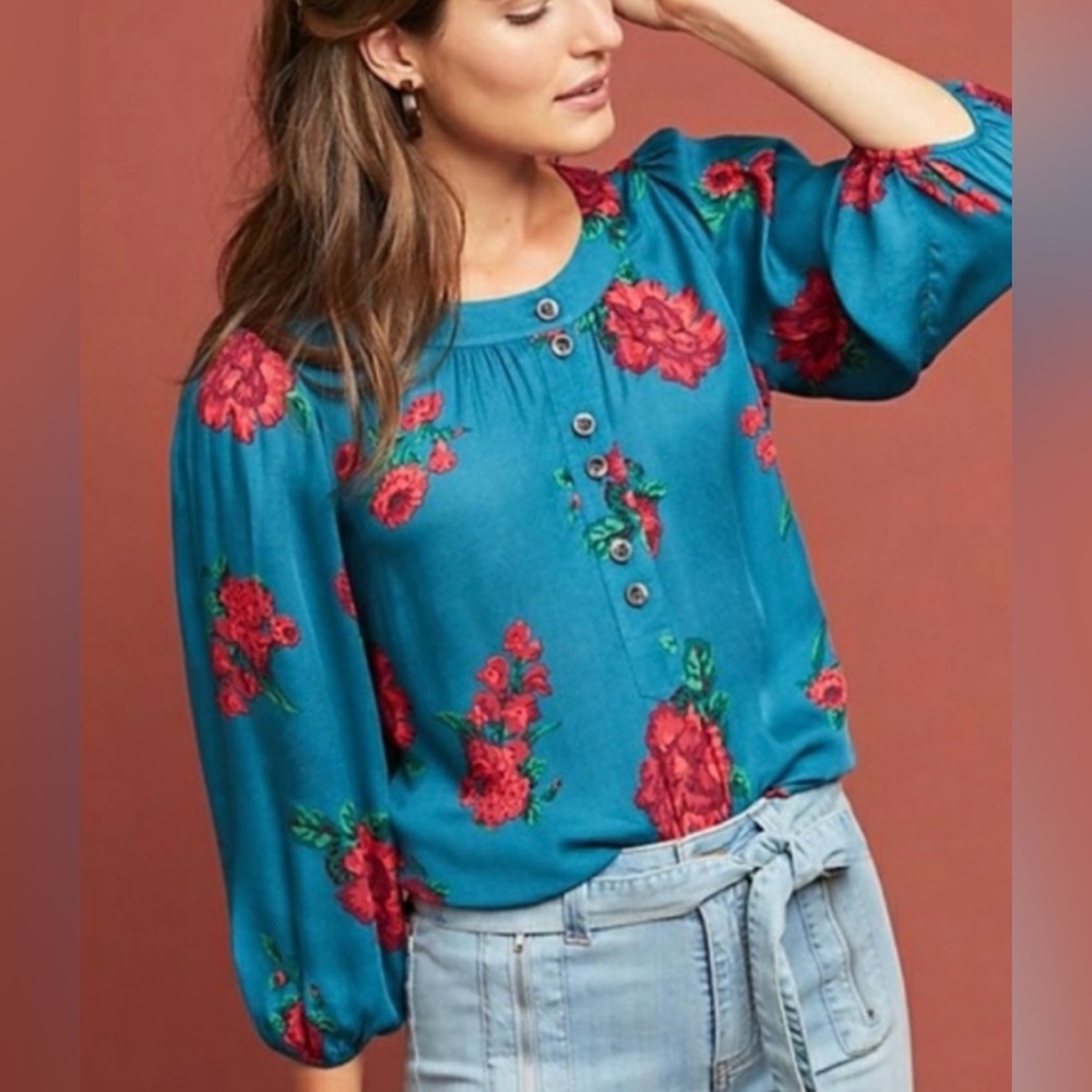 NWT *ANTHROPOLOGIE* Maeve *KALAS* Henley Blouse … *TEAL•RED FLORAL* … Size: S